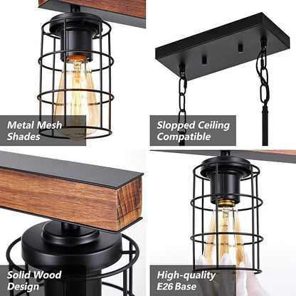 Kitchen Island Lighting,Farmhouse Dining Room Light Fixtures,Rustic Linear Pendant Lighting for Kitchen Island Dining Living Room,Black Metal & Wood