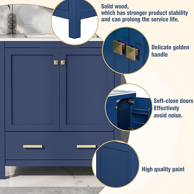 GDFStudio 30" Bathroom Vanity Sink Combo with 1 Drawers & 2 Soft Closing Doors Floor Mount Freestanding Wood Bathroom Storage Cabinet Set with Ceramic Basin Sink Top for Small Bathroom Space, Blue