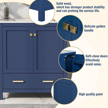 GDFStudio 30" Bathroom Vanity Sink Combo with 1 Drawers & 2 Soft Closing Doors Floor Mount Freestanding Wood Bathroom Storage Cabinet Set with Ceramic Basin Sink Top for Small Bathroom Space, Blue