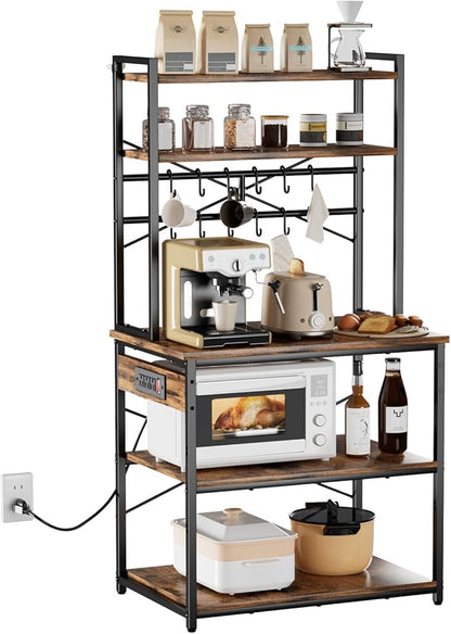 VEVOR Kitchen Bakers Rack with Power Outlets, 31.5 x 15.7 x 63.7Inch Microwave Stand with Built-in Power Strip & 5 Ft Cord, 12 S-Shaped Hooks, for Dish Storage, Spice Jars, Coffee Bar Organization