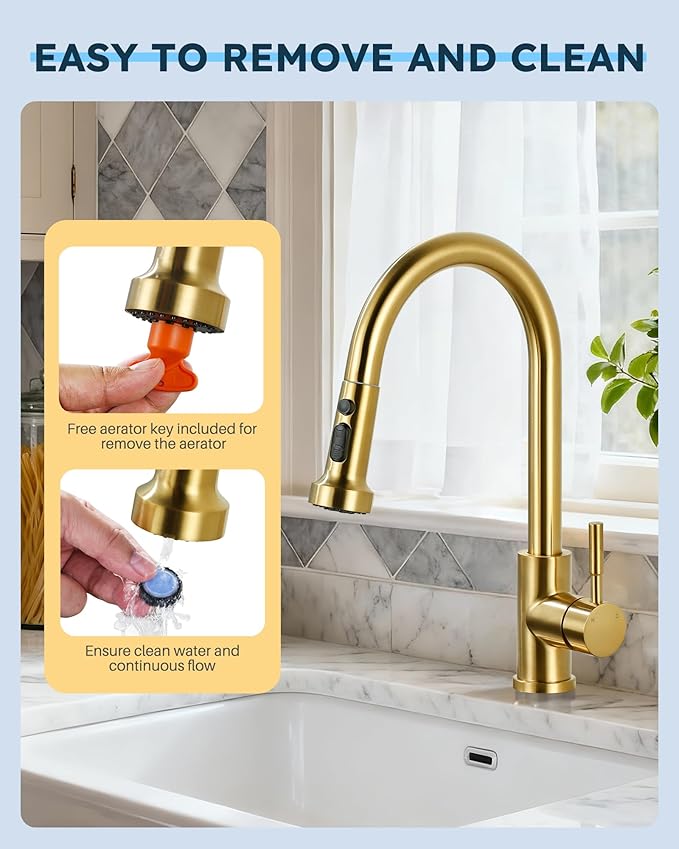 Stainless Steel Kitchen Faucet Head: ARCORA 3-Function Kitchen Faucet Head Replacement with 13 Adapters - Brushed Gold Pull Down Spray Head Compatible with Moen, Delta, American Standard Faucets