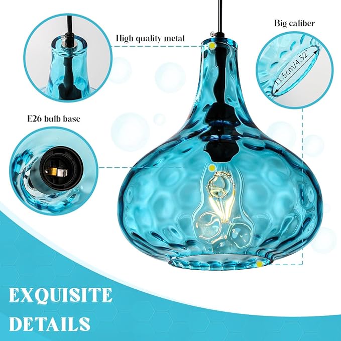 Kitchen Island Blue Pendant Lights, Vintage Globe Pendant Light Fixture Glass Mid-Century Modern Chandelier Pendant Lighting Black Finish 9.45″ Glass Shade Farmhouse (Blue-Hardwired)