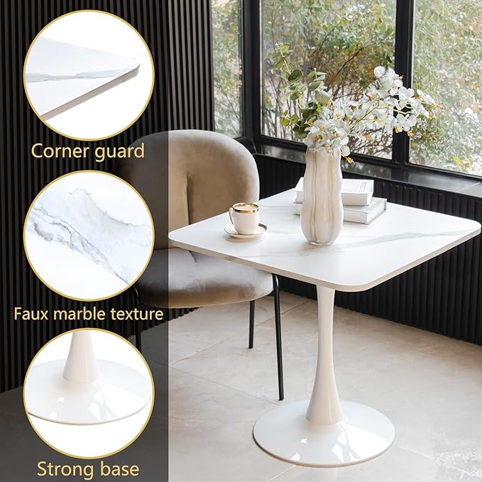 Square Modern Dinning Table 30 inches for 2-4 Bistro Tulip Table with Faux Marble top,Easy Install Construct,no Wobble,Stable Sturdy Metal Frame Diameter 30in*H28.74in(White, 30in)