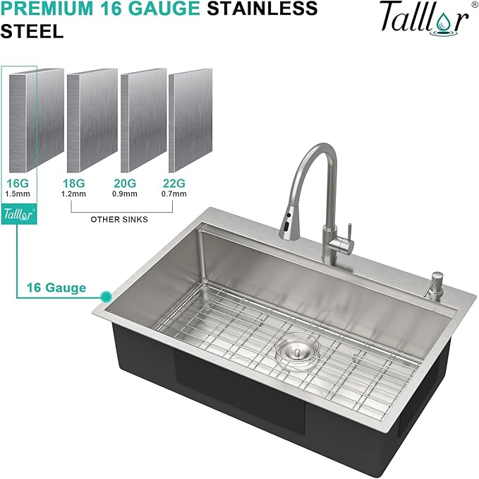 33x22 Drop In Kitchen Sink with Faucet Combo - 33 Inch Kitchen Sinks Drop In 16 Gauge Stainless Steel Topmount Single Bowl Workstation Over Mount Sinks and Faucet Combo Set #TLT-0020