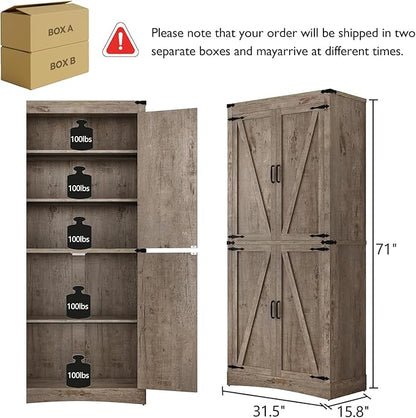 71in Farmhouse Kitchen Pantry Cabinet,Tall Storage Cabinet with 4 Doors and Adjustable shelves,with Load-Bearing Steel Pipe,Wood Storage Cabinets for Kitchen,Dining Room,Bathroom(Light Rustic Oak)