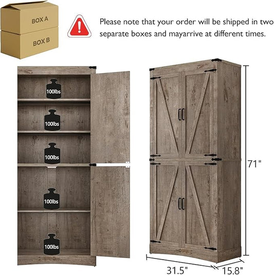 71in Farmhouse Kitchen Pantry Cabinet,Tall Storage Cabinet with 4 Doors and Adjustable shelves,with Load-Bearing Steel Pipe,Wood Storage Cabinets for Kitchen,Dining Room,Bathroom(Light Rustic Oak)