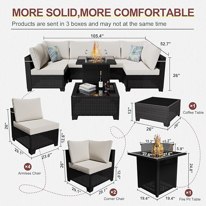 8 Piece Patio Furniture Set with Fire Pit Table, Wicker Outdoor Sectional Sofa Set, Conversation Sets with Comfy, High-Resilience Foam Anti-Slip Cushions for Backyard, Garden, Deck(Brown/Beige)
