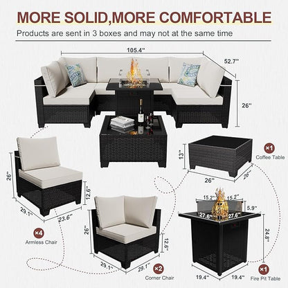 8 Piece Patio Furniture Set with Fire Pit Table, Wicker Outdoor Sectional Sofa Set, Conversation Sets with Comfy, High-Resilience Foam Anti-Slip Cushions for Backyard, Garden, Deck(Brown/Beige)