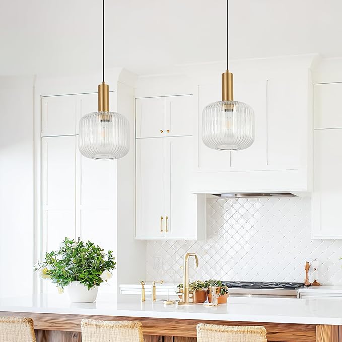 8 Inch Clear Glass Pendant Lights Small Modern Chandelier Pendant Lighting Mid Century Hanging Lights Adjustable Kitchen Island Light for Dining Room Bedroom Hallway