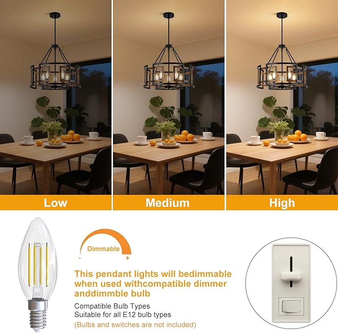 20" Dining Room Light Fixture/Chandelier Over Table, 5-Light Black & Wood Grain Farmhouse Chandeliers for Dining Room, Industrial Metal Hanging Pendant Lights Fixture for Kitchen Island Foyer Entryway
