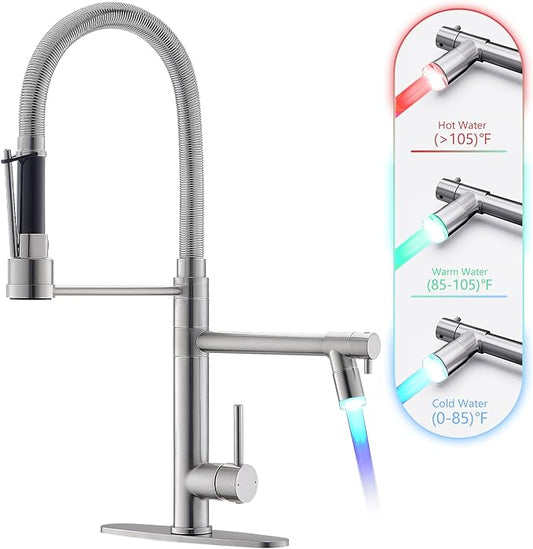 GIMILI Commercial Dual-Spout Kitchen Sink Faucet with Pull Down Sprayer Brushed Nickel LED Kitchen Faucet
