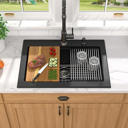 30 Inch Black Granite Composite Drop In Kitchen Sink, Single Bowl Classic Quartz-Based Workstation All-In One Sink with Mixing Bowl and Pasta Strainer, 2-Holes Configuration #TLGT-121