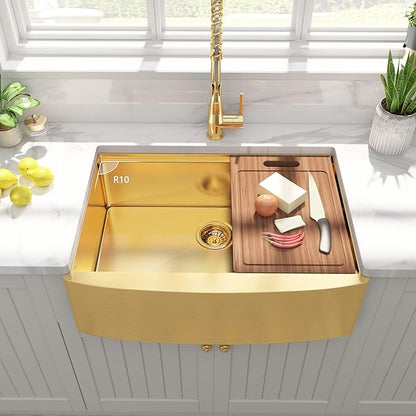 HEARCATE 30 Inch Luxury Gold Farmhouse Sink 16 Gauge Stainless Steel Workstation Undermount Apron Front Gold Kitchen Sink 10 Inch Deep Single Bowl Farm Sink
