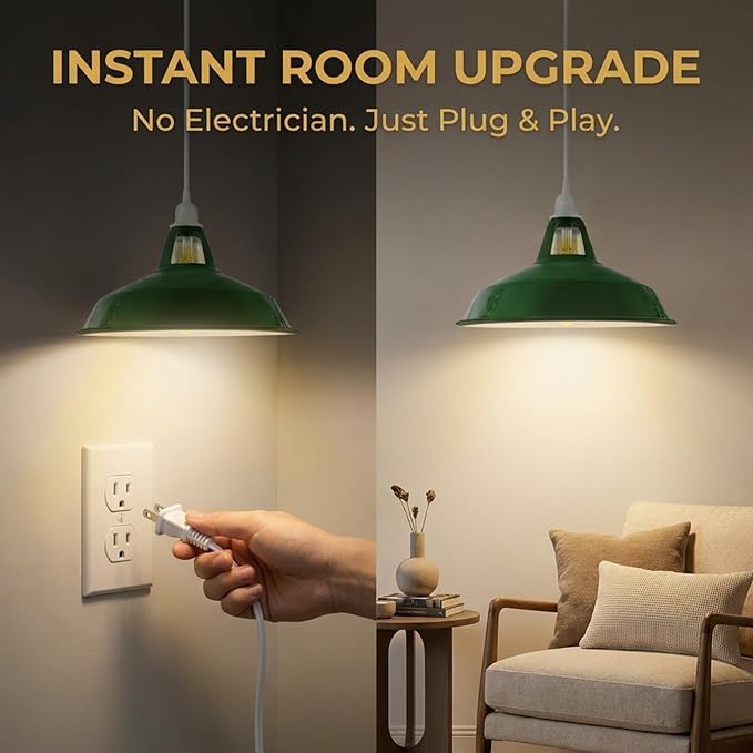 Plug in Pendant Light, 13.1FT Hanging Light with Plug in Cord and On/Off Switch, Industrial Green Barn Metal Shade Pendant Light for Kitchen Island, Dining Room, Bar, Cafe, Living Room, Green