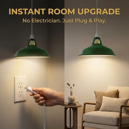 Plug in Pendant Light, 13.1FT Hanging Light with Plug in Cord and On/Off Switch, Industrial Green Barn Metal Shade Pendant Light for Kitchen Island, Dining Room, Bar, Cafe, Living Room, Green