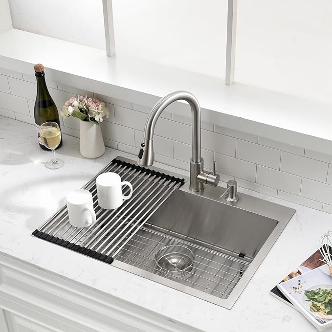 26 inch Drop in Kitchen Sink - VOKIM 26"x 19" Inch Stainless Steel Drop in Sink Single Bowl Top Mount sink With Dish Grid