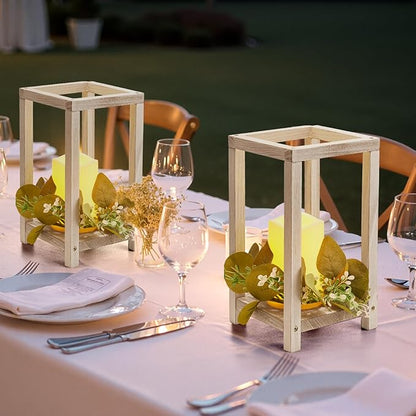 VEVOR 12 Set/36 Pcs Wooden Wedding Lantern Centerpiece, Includes 12 Wooden Lantern Candle Holder 12 Flameless LED Candle 12 Eucalyptus Leaves Wreath for Wedding Table Party Farmhouse Decor, White