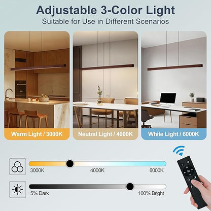 71" Wood Linear Pendant Light, Modern Pendant Lights Kitchen Island with Remote, 24W LED Wood Linear Hanging Chandelier for Dining Room, Kitchen Island, Bar, Pool Table-Walnut