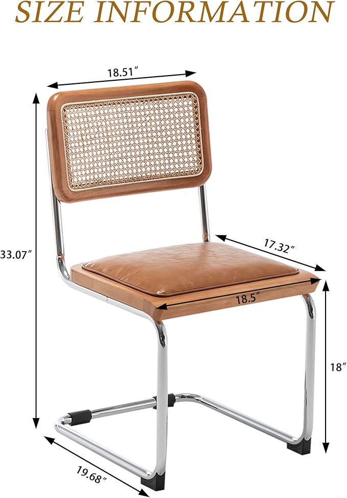 Alunaune Mid Century Modern Dining Chairs Set of 4, Upholstered Natural Rattan Kitchen Accent Chair, Armless Side Chairs with Metal Chrome Legs for Bedroom Living Room-Brown with PU Seat
