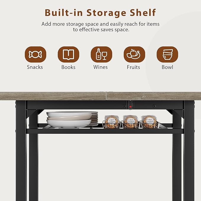 MapleGrace Dining Table Set for 4, Extendable Kitchen Table with 4 PU Leather Upholstered Dining Room Chairs, Wood Kitchen Table Set with Built-in Storage Rack for Dining & Small Spaces, Grey