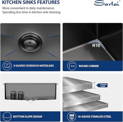 Sarlai 36 Black Farmhouse Sink Stainless Steel - 36 x 22 inch Kitchen Sink Ledge Workstation Gunmetal Black Farmhouse Sinks Apron Front 16 Gauge Stainless Steel Deep Single Bowl Kitchen Farm Sinks