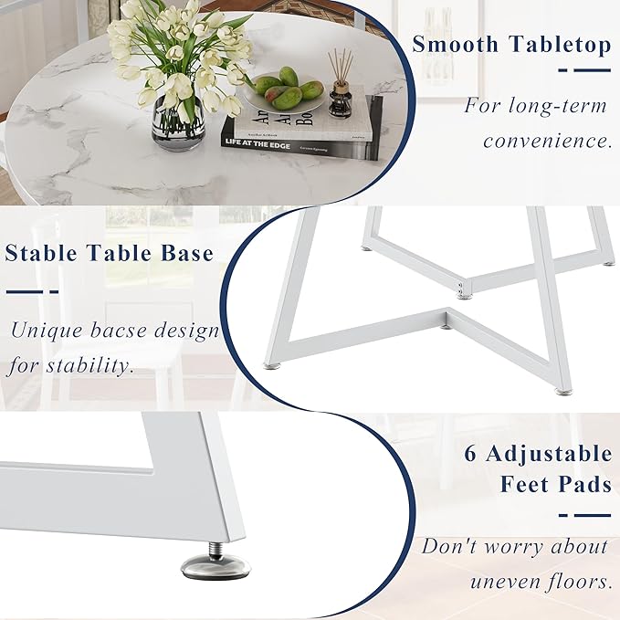 VECELO Round Dining Room Table with Wood Grain Tabletop and Steel Frame, for Kitchen, Living Room, Office, Conference, 2 to 4 Person, White Faux Marble