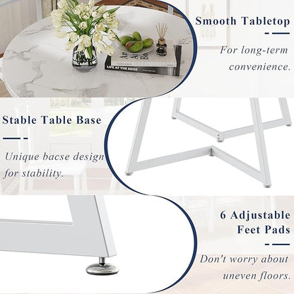 VECELO Small Round Dining Table Set for 2, Wood Tabletop with Strong Metal Frame, Modern Dinette with Chairs for Kitchen, Breakfast Nook Living Room, Faux Marbled & White