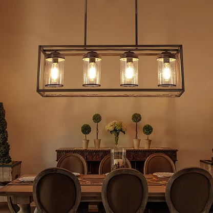 Farmhouse Dining Room Light Fixtures, Black and Gold Chandeliers for Dining Room,Kitchen Island,Office Coffee Shop, Rustic Rectangle Linear Pendant Ceiling Light with Glass Shade,Oak and Gold