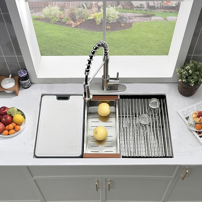 33 Inch Undermount Kitchen Sink, 33×19 Stainless Steel Undermount Kitchen Sink Ledge Workstation 16 Gauge Handmade Deep Single Bowl Kitchen Sinks with Cutting Board