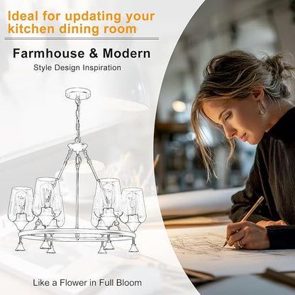 25" Gold Chandelier, 6-Light Farmhouse Chandeliers for Dining Room Light Fixtures Over Table, Modern Industrial Hanging Lighting with Clear Glass Shade for Living Room Bedroom Foyer Kitchen Island