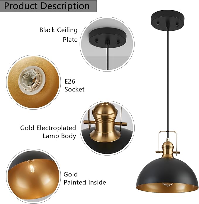 12 Inch Pendant Lights for Kitchen Island Matte Blacks Farmhouse Pendant Light fixtures Adjustable Height Dome Hanging Light for Dinning Room Bedroom Hallway,1 Pack