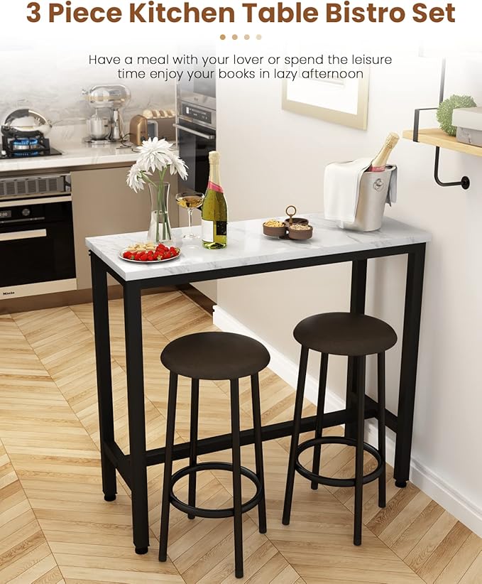 Recaceik Dining Table Set, 39.4” Rectangle Pub Dining Set Kitchen Table Set Bar Table with Stools, 3-Piece Breakfast Table Set with Metal Frame for Kitchen Dining Room w/ 2 Chairs - White*