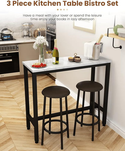 Recaceik Dining Table Set, 39.4” Rectangle Pub Dining Set Kitchen Table Set Bar Table with Stools, 3-Piece Breakfast Table Set with Metal Frame for Kitchen Dining Room w/ 2 Chairs - White*