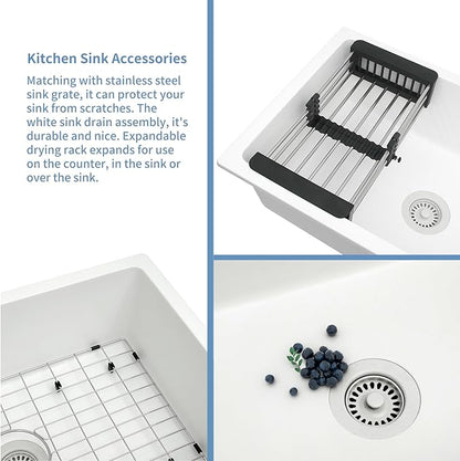 White Kitchen Sink, White Granite Composite Kitchen Sinks with Accessories, 30 Inch Undermount Quartz Stone Kitchen Sink, 30" x 19" x 9" Large and Deep Single Bowl Kitchen Sinks