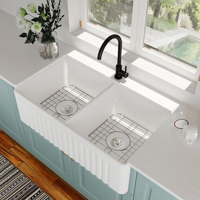 DeerValley Double Bowl Farmhouse Sink 33 inch, Ceramic Apron Front White Farm Sink, Deep Drop-in Fireclay Undermount Reversible Sinks with Grid & Strainer