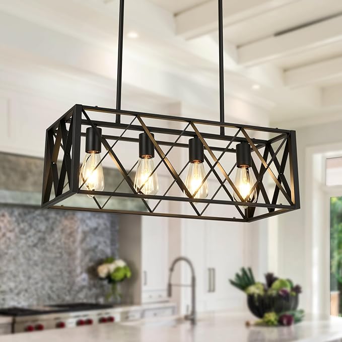 Black Farmhouse Chandeliers for Dining Room Light Fixture Rectangle Kitchen Island Pendant Lighting 4-Light Metal Industrial Linear Chandelier for Kitchen Island