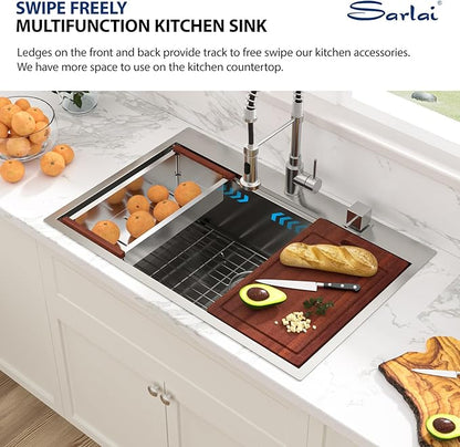 Sarlai Drop In Kitchen Sink - 33x22 Drop In Kitchen Sink Ledge Workstation 16 Gauge Stainless Steel Topmount Deep Single Bowl Over Counter Sinks Basin Round Corners