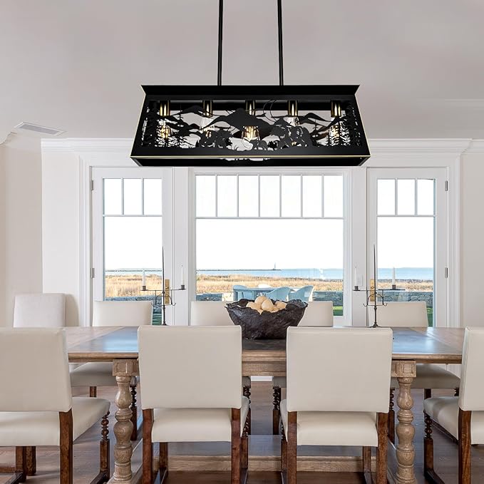 Rustic Dining Room Light Fixture, Bear Kitchen Island Lighting, 32-Inch 5-Light Black Rectangle Farmhouse Chandeliers, Adjustable Height Pendant Light for Kitchen Island, Dining Room Over Table