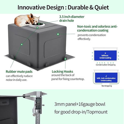 Drop In Kitchen Sink, 15 x 20 Inch Single Bowl Topmount Small Bar Sink 16 Gauge T-304 Stainless Steel Gunmetal Black Kitchen Sinks