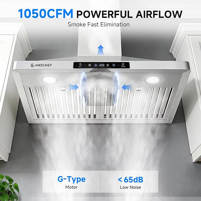AMZCHEF Wall Mount Range Hood 30 inch: 1050 CFM Stainless Steel Kitchen Stove Vent Hood with 3 Speed Exhaust Fan, Touch/Remote/Gesture Control Kitchen Exhaust Fan with Dishwasher-Safe Baffle Filters