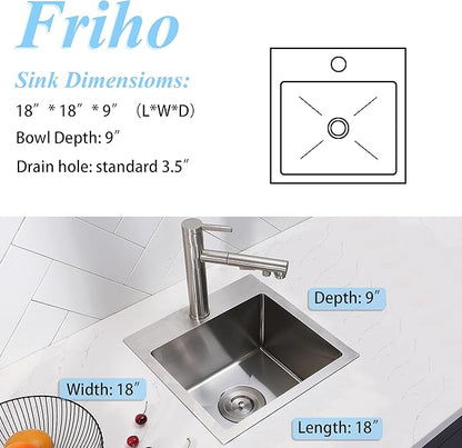 Friho 18x18 Inch Drop in Bar Sink, Topmout Small Kitchen Sink, 16 Ganuge Handmade T-304 Stainless Steel Single Bowl Sink for RV Wet Bar Prep RV Outdoor Yard Office Laundry Utility with Accessories