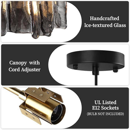 Modern Vintage Mid-Century Single Pendant Light, Mini Hanging Smoked Ice-Textured Glass Ceiling Light Fixture for Kitchen Island Lighting Over Dining Room, Bedroom, Bar Lamp