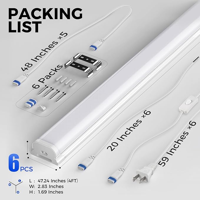 Barrina LED Shop Lights 4FT, 6500K Super Bright White, 45W, 5000LM, Hidden Wiring, Linkable 4FT Light Fixture Cord with ON/Off, Frosted Cover, LED Ceiling Light for Workshop, Garage, Kitchen, 6 Packs