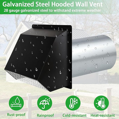 3 Inch Dryer Vent Cover Wall Vent Hood with Screen and Damper,Outdoor Dryer Vent Cover Outside Exhaust Vent Cover for Duct Bathroom Air Ventilation,Wall Mount Extractor Vent Cap,Galvanized Steel,Black