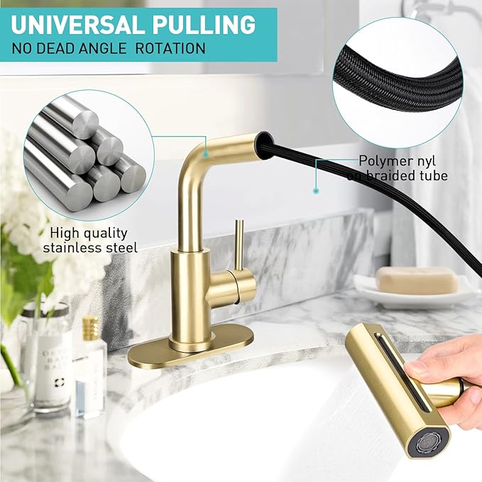 2 Pack Modern Brushed Gold Bathroom Sink Faucet with 4 Mode Pull Down Sprayer, Single Handle Deck Mount, Brass Material, 1 or 3 Hole, 15" H x 1" W x 15" D