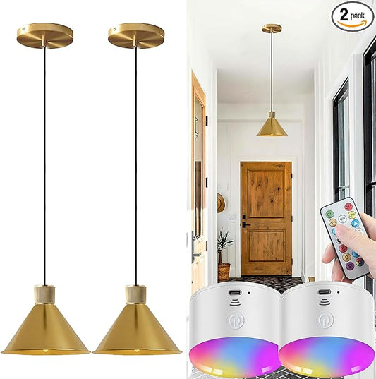 Battery Operated Pendant Light Set of 2, RGB Color Changing Rechargeable Hanging Light with Remote Up to 50 Hours Use, Vintage Pendant Light No Wiring for Bedroom Living Room(Gold)