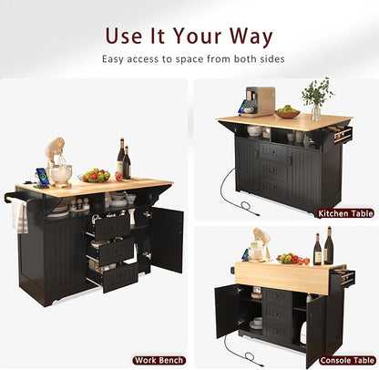 55.7'' Large Kitchen Island with 2 Drop Leaf, Rolling Kitchen Cart on 5 Wheels with Power Outlet, Folding Storage Dining Table with Spice and Towel Rack, 3 Drawers for Kitchen, Dining Room (Black-JAB)