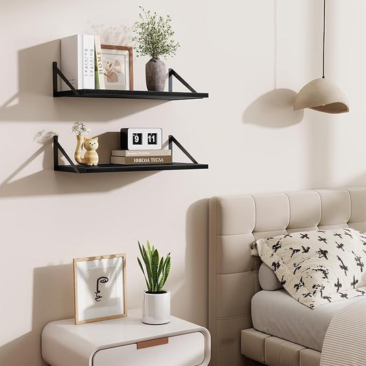 Acovy Deep Floating Shelves,24" Wx10 D Floating Shelf for Wall Set of 2,Hanging Storage Shelf with Metal Brackets,Wide Display Wall Shelves for Living Room,Bedroom,Bathroom,Kitchen,Black