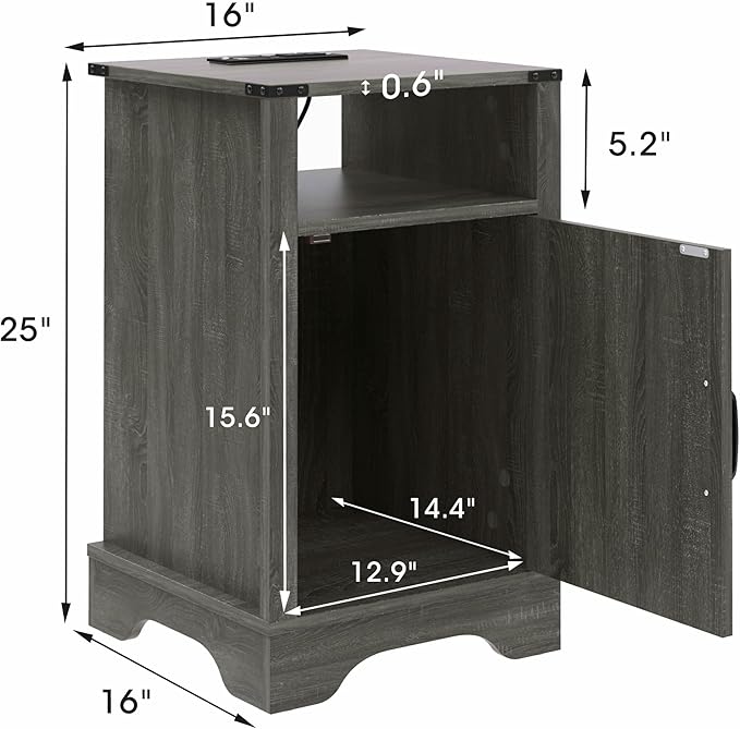 RoyalCraft 25" Tall Nightstands Set of 2, Farmhouse Nightstand with Charging Station, Large End Table with Storage, Wood Grey Bedside Table for Bedroom, Dark Grey