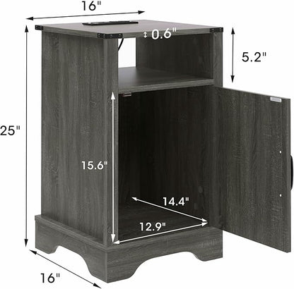 RoyalCraft 25" Tall Farmhouse Nightstand with Charging Station, Grey End Table with Storage, Large Wooden Rustic Bedside Table for Bedroom, Dark Grey